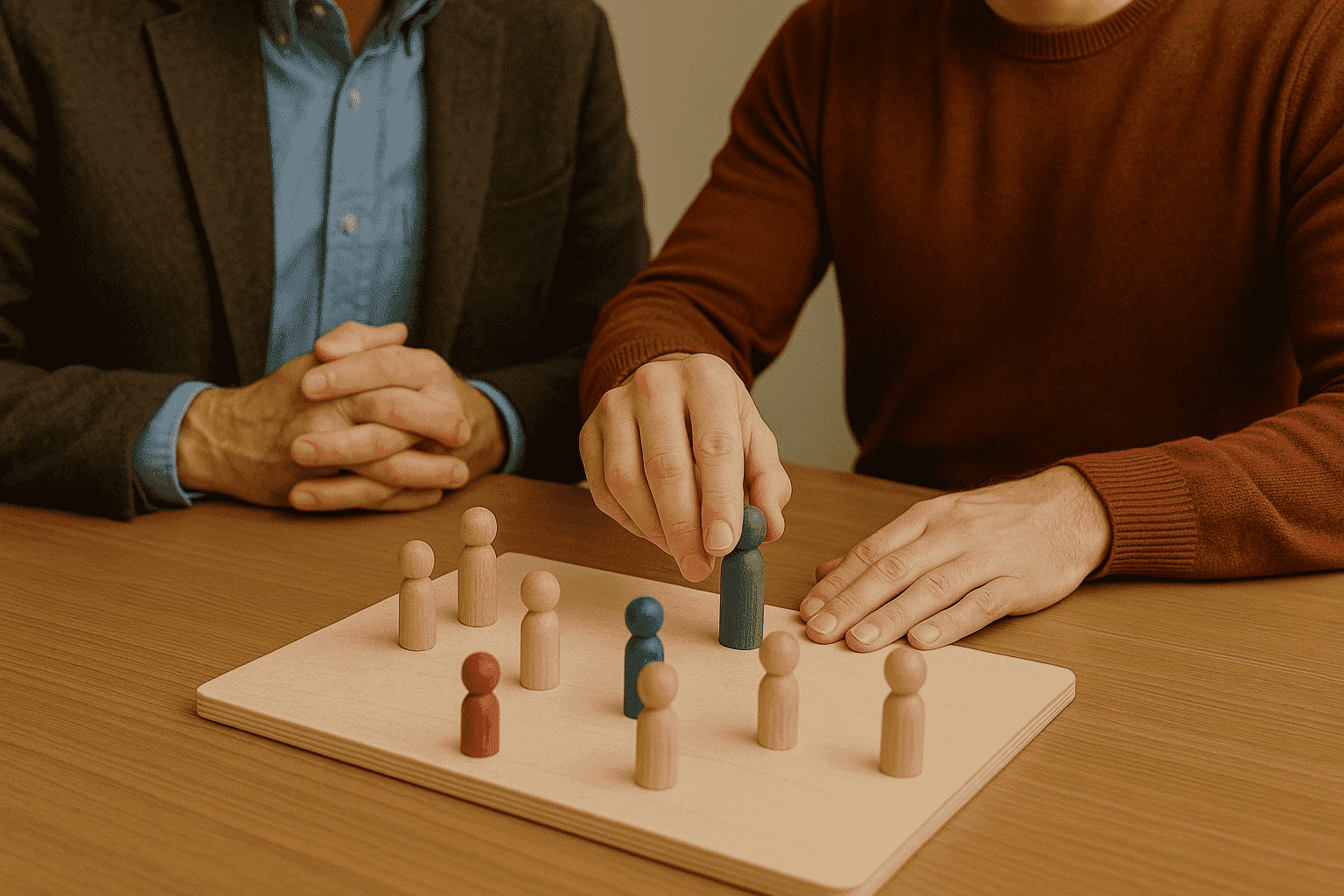 Holzfiguren auf einem Systembrett, symbolisch für die systemische Arbeit